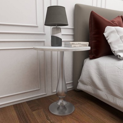 White Marble and Silver Aluminum Round Accent Table