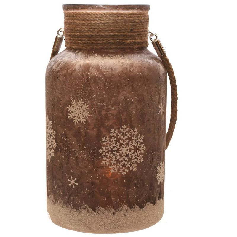 Northlight 10" Iced Winter Scene Christmas Pillar Candle Holder Lantern with Handle - Brown, 1 of 2