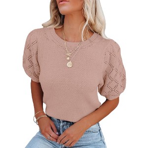Womens Short Sleeve Lightweight Sweaters Crewneck Knit Pullover Tops with Crochet Sleeve Casual Crochet Blouse Shirt for Spring, Summer - 1 of 4