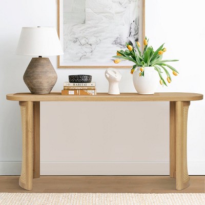 60" Modern Console Table - Solid White Oak with Imitation Rattan Design Entryway Table for Living Room Narrow Entryway-Tanpinhause