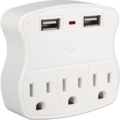 QVS 3-Outlets Wallmount Power Strip with Dual-USB 2.1Amp Charging Ports - 3 x AC Power, 2 x USB - 15 A Current - 120 V AC Voltage - 1875 W