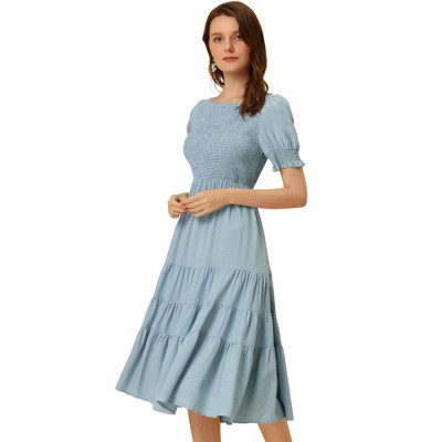 Allegra K Women's Summer Peasant Smocked Short Sleeve Midi Tiered A-Line Dress