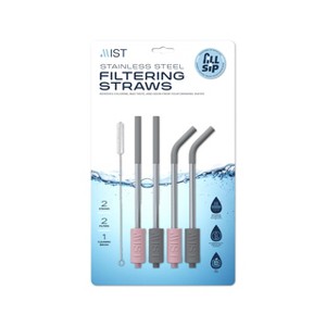 Reusable Stainless Steel Filtering Straws with Brush - 2 Grey and 2 Pink - 1 of 4