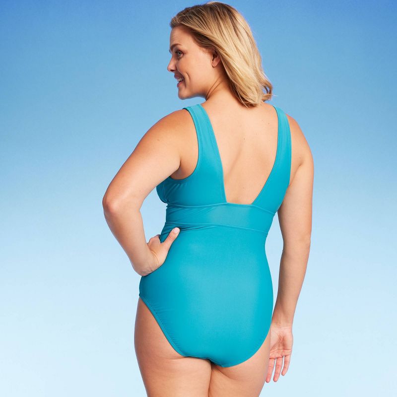 Women's Medium Coverage Wide Shoulder V-Neck One Piece Swimsuit - Kona Sol™ Blue, 5 of 6