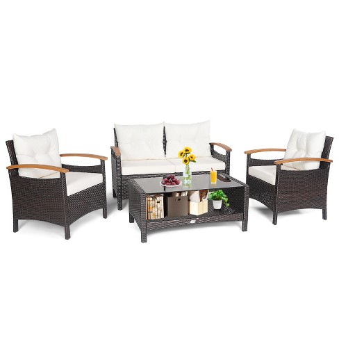 Tangkula Patio Rattan 4pcs Cushioned Chair Side Table Set Bistro