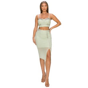 Slickblue Studded Stone Cami Top with Adjustable Straps & Side Slit Mini Skirt Set, Light Sage, Size S-L - 1 of 4