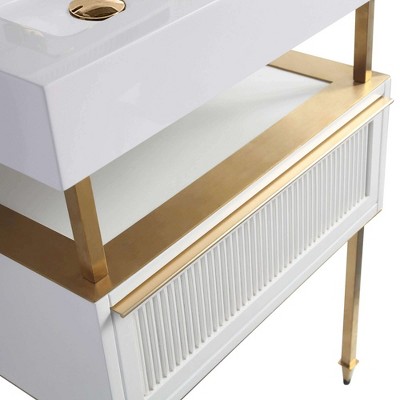30" Matte White Bathroom Vanity with Satin Brass Hardware