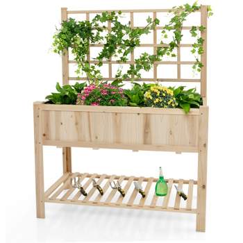 Tangkula Raised Garden Bed with Trellis 48x23x63 Inch Elevated Planter Box with Bed Liner Bottom Storage Shelf
