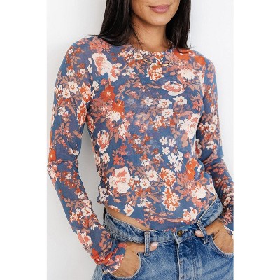 Green Floral Print Mesh Fitted Long Sleeve Top