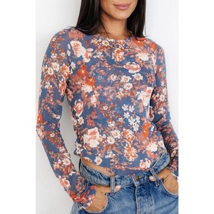 Green Floral Print Mesh Fitted Long Sleeve Top - 1 of 1