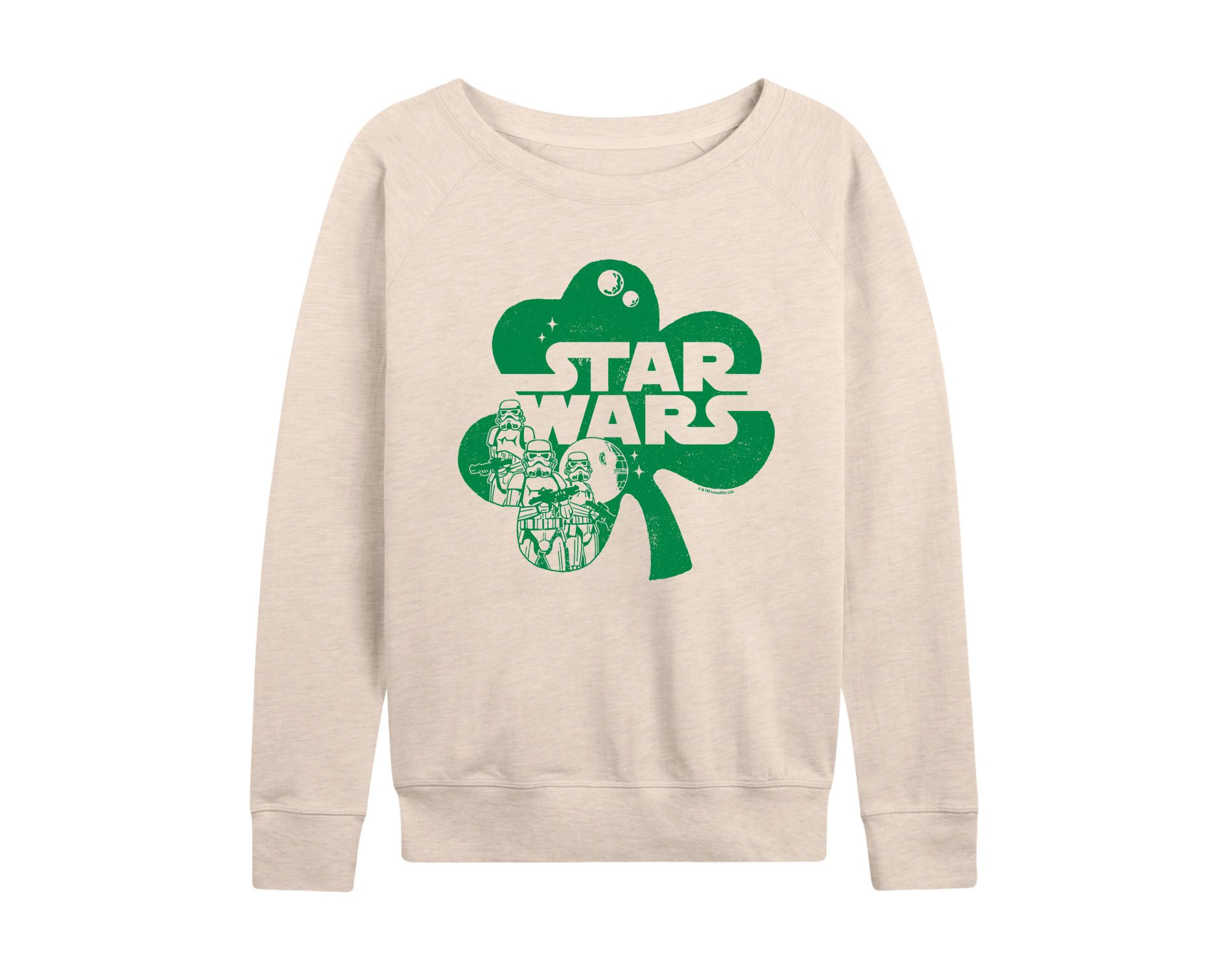 Women's Star Wars St. Patricks Day Clover Lightweight French Terry Wide Neck Long Sleeve Graphic Shirt - Birch - 2X