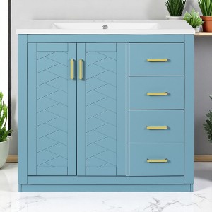 36" Indigo Bathroom Vanity with Sink – Solid Wood Frame, 3 Drawers, 2 Doors, Ceramic Basin, Soft-Close Hardware, Storage Cabinet - 1 of 4