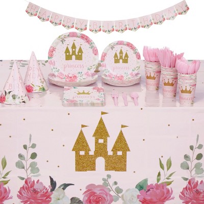 Blue Panda 194-Piece Princess Themed Birthday Party Decorations with Dinnerware, Banner, and Hats (Serves 24)