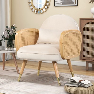 Foam Upholstered Back Rest Seat Armrest Accent Rattan Chair with Metal Legs Mid Century Armchair for Restaurants Living Kitchen Dining Room Office