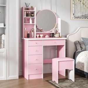 Hitow Makeup Table Set Vanity Table with Stool and Round Mirror Ring LED Strip Lights - 1 of 4