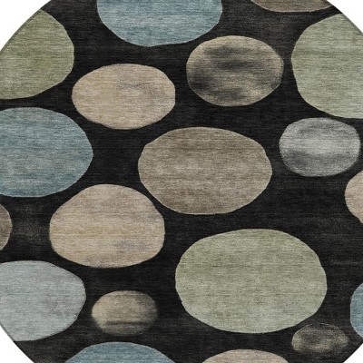 HomeRoots 8' Black Fern Green And Teal Blue Round Geometric Washable Indoor Outdoor Area Rug