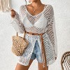 Women's Summer Casual Crochet Hollow Out Knit Long Sleeve Cover Up Dress Loose V Neck Bathing Suit Split Beach Dress - 4 of 4