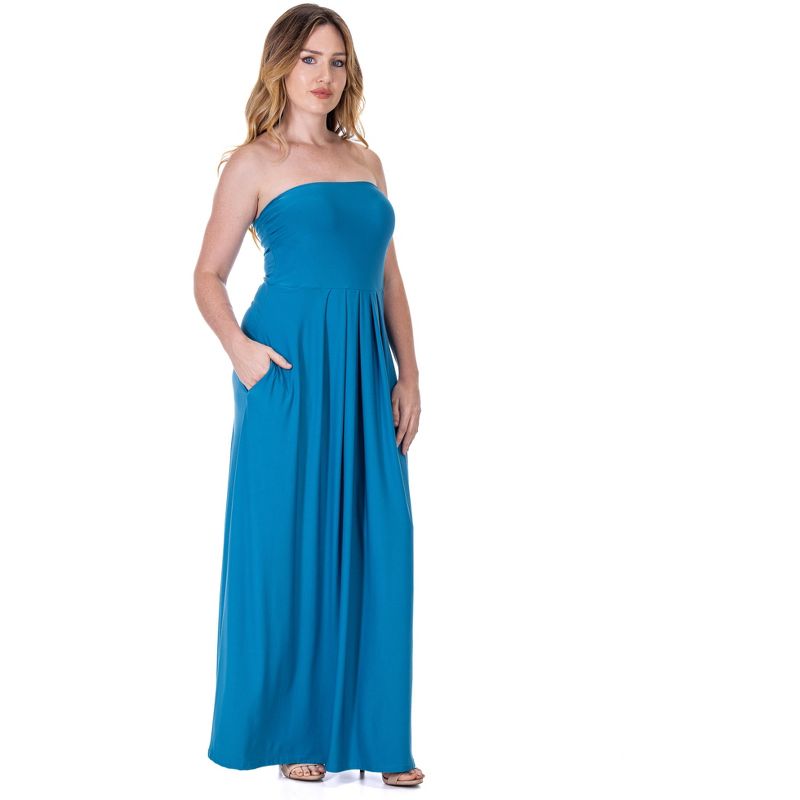 24seven Comfort Apparel Womens Pleated A Line Strapless Maxi Dress With Pockets, 2 of 9