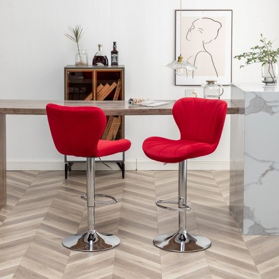 Ellston Red Velvet Adjustable Swivel Barstools with Chrome Base, Set of 2
