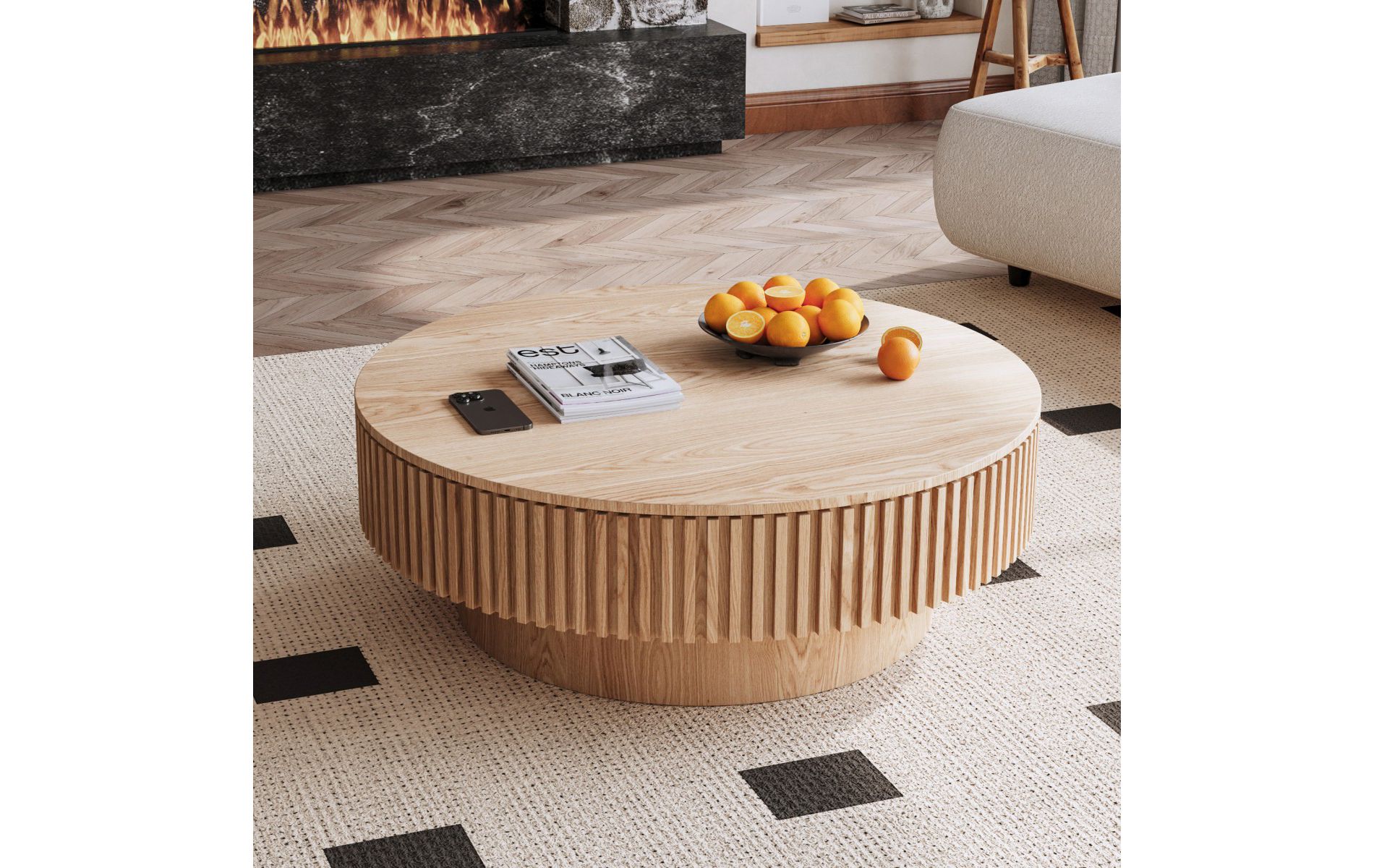 Wood 39.37" Large Round Coffee Table with Storage, Solid Wood Veneer Modern Accent Table for Living Room, Bedroom, Apartment or Office-Cuddlewood