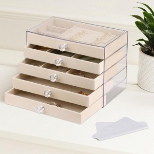 Luxury 5-Drawer Acrylic Jewelry Box with Velvet Lining, Stackable Organizer for Earrings, Necklaces & Bracelets, Beige - 1 of 4