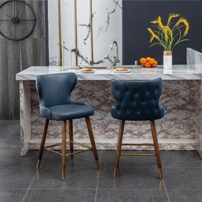 Nevis Blue Faux Leather Tufted Counter Stools with Walnut Legs, Set of 2