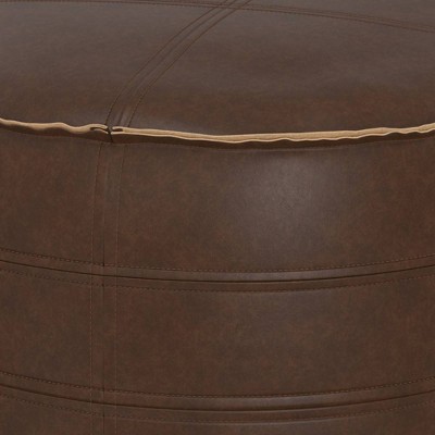 Brody Distressed Dark Brown Faux Leather Round Pouf, 20"