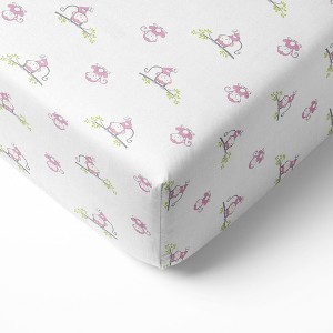 Bacati - Happy Monkeys Pink Muslin 100 percent Cotton Universal Baby US Standard Crib or Toddler Bed Fitted Sheet - 1 of 4