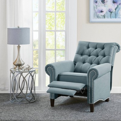 Transitional Blue Tufted Recliner with Bronze Nailhead Trim