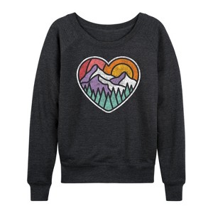 Women's - Instant Message - Mountain Forest Heart Lightweight French Terry Wide Neck Long Sleeve Graphic Shirt - 1 of 4