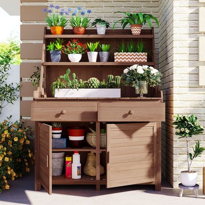 PAGED 65 Inch Potting Bench with Drawer and Cabinet,Wood Farmhouse Outdoor Storage Cabinet with Storage Shelf,Potting Table for Garden,Backyard