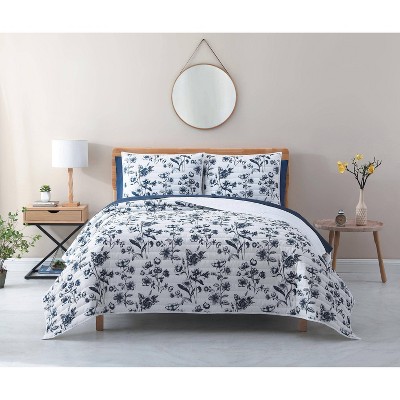 Full/Queen 3pc Floral Quilt Set White/Blue - Avery Homegrown