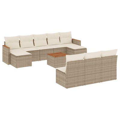 vidaXL 11 Piece Patio Sofa Set with Cushions Beige Poly Rattan - With Table