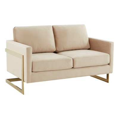 LeisureMod Lincoln Mid-Century Modern Upholstered Velvet Loveseat with Gold Frame
