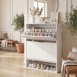Fluted Shoe Storage Cabinet with 2 Flip Drawers and Open Storage