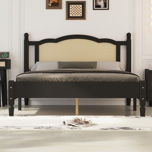 Queen/Full Size Wooden Platform Bed with Natural Rattan Headboard, Vintage Bed Frame with Wooden Slat Support 4B - ModernLuxe - 1 of 4