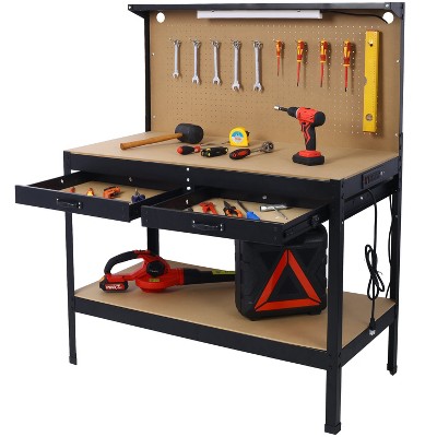 Alilang Steel Workbench Table with Pegboard, Dual Drawers, 4x AC Outlets and 2x USB Ports 220 lbs Weight Capacity-Black