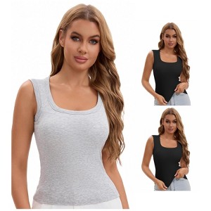 INSPIRE CHIC Women's 3 Packs U-Neck Tank with Built-In Bras Ribbed Wide Straps Undershirt - 1 of 4