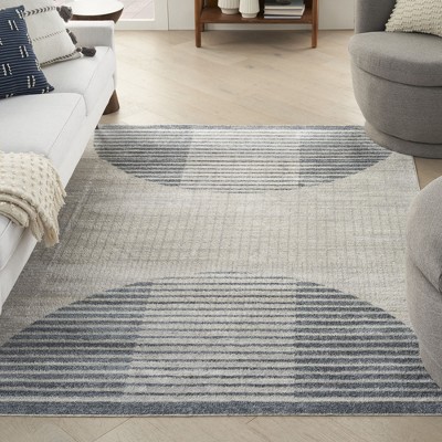 Astra Ivory Blue Geometric Mid-Century Modern Washable Area Rug