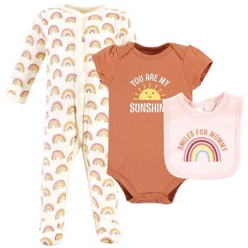 Hudson Baby Infant Girl Cotton Sleep and Play, Bodysuit and Bandana Bib Set, Sunshine Rainbows