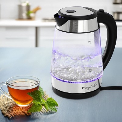 MegaChef 1.7L Silver and Glass Electric Tea Kettle with Auto Shut-Off
