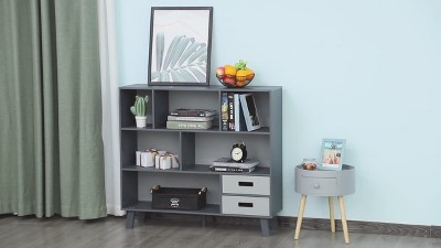 Gray and White MDF Kids Cube Storage Bookcase with Drawers