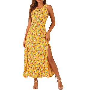 Allegra K Women's Sleeveless Floral Split Hem Keyhole Flowy Summer Boho Maxi Dress - 1 of 4