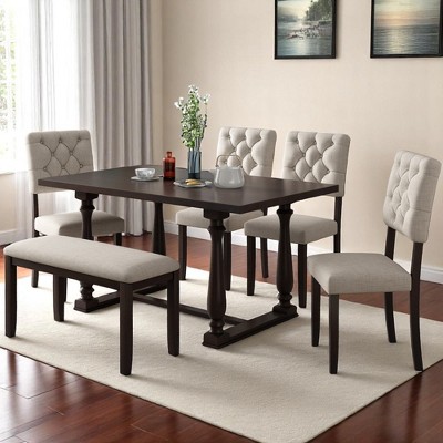 6-Piece Retro Dining Table Set with Upholstered Chairs and Bench, Solid Wood Frame, Foam Cushions for Kitchen or Dining Room