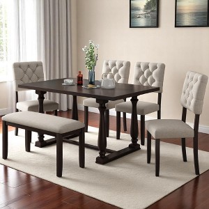 6-Piece Retro Dining Table Set with Upholstered Chairs and Bench, Solid Wood Frame, Foam Cushions for Kitchen or Dining Room - 1 of 4