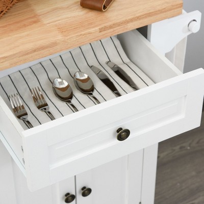 White Wood Kitchen Cart with Butcher Block Top and Storage