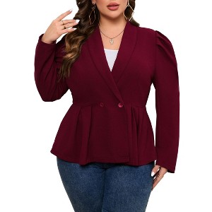 Coolmee Womens Blazers Casual Business Knit Blazer for Work Long Puff Sleeve Lapel Blazer Suit Jackets 3XL Wine Red - 1 of 4