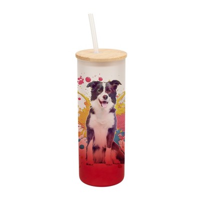 100 North 25 Ounce Frosted Glass Gradient Travel Tumbler With Straw & Wooden Lid, Border Collie Dog Paint Splatter Red