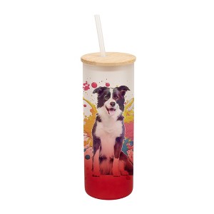 100 North 25 Ounce Frosted Glass Gradient Travel Tumbler With Straw & Wooden Lid, Border Collie Dog Paint Splatter Red - 1 of 4