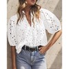 Women's Summer Tops Dressy Casual Short Lantern Sleeve V Neck Buttons Hollow Out Lace Embroidered Blouses Shirts - 2 of 4